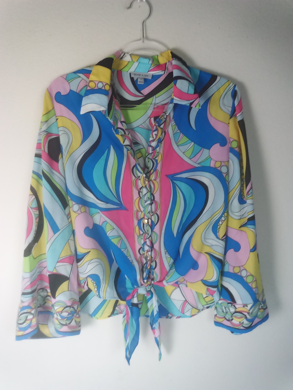 Colorful Retro Abstract Tie-Front Blouse Pucci Style Print Bell Sleeves Size S